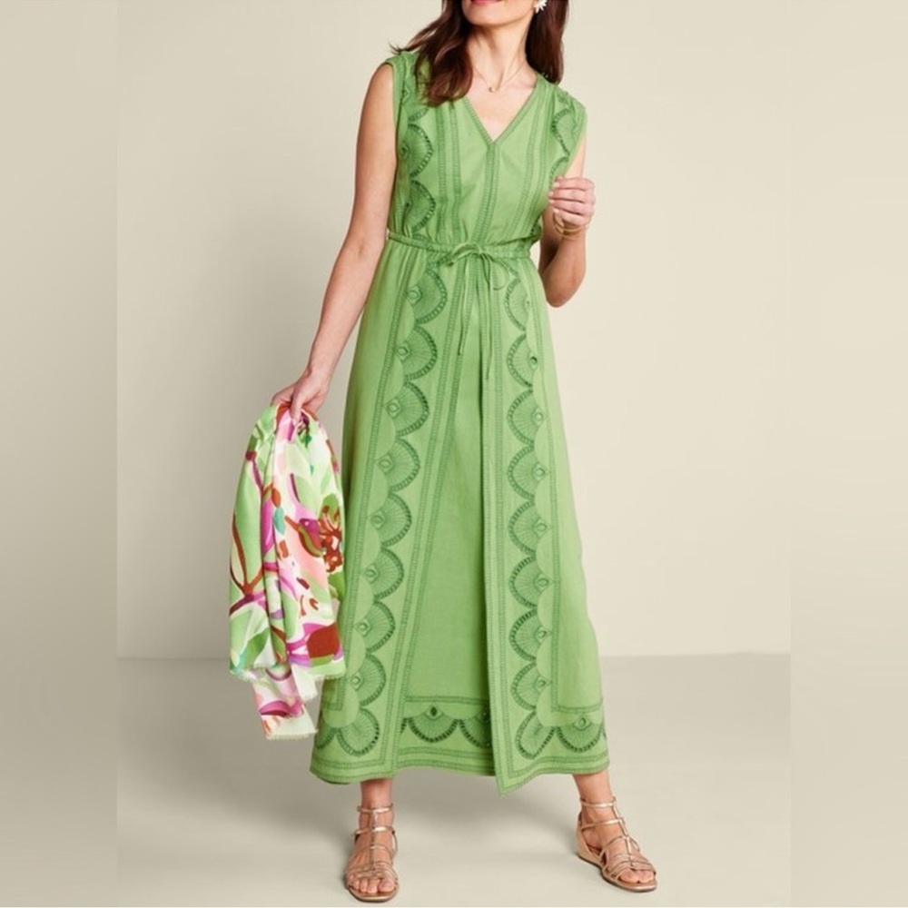 Soft Surroundings-Green Ellison maxi dress with Scalloped embroidery.Size XLP
